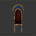 Medieval Wooden Chair Design With Red Cushioned Seat Arched Top And Blue Glass