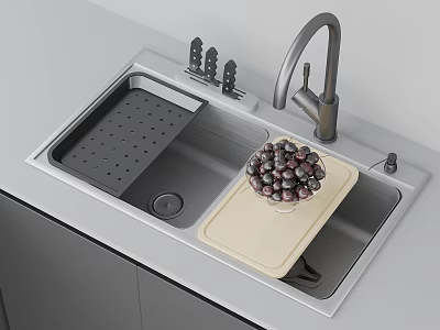 Stainless Steel Kitchen Sink With Drain Board Cutting Board Grapes And Faucet 3d model