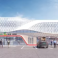 Green Land Modern Commercial Complex With Perforated Roof Glass Curtain Wall Parking Area And Pedestrians