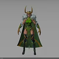 Fantasy Female Character In Green Armor With Golden Horns And Decorative Cloak