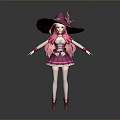 Pink Witch Character Wearing Frilly Dress With Large Hat And Magical Outfit
