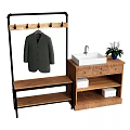 Wooden Storage Cabinet With Drawers Shelf Sink Plant Coat Hanger And Bench In Entryway