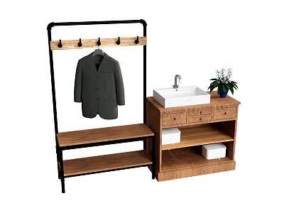 Wooden Storage Cabinet With Drawers Shelf Sink Plant Coat Hanger And Bench In Entryway 3d model