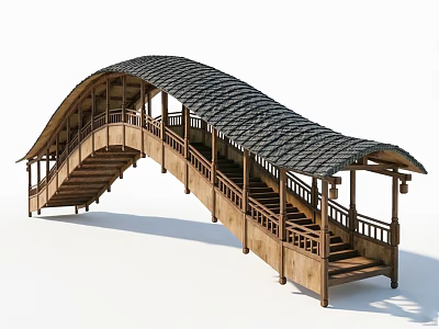 Wooden Arched Garden Ornament Bridge With Tile Roof Railing And Lanterns 3d model