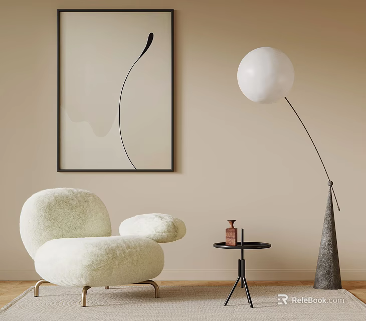 Modern Plush Accent Chair Interior With Round Side Table Floor Lamp And Abstract Art 3d model