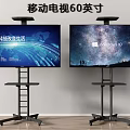 60 Inch Mobile TV with Rolling Floor Stand Showing Tech Scenes and Windows 11 Interface