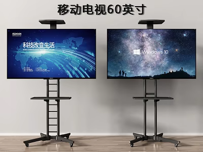 60 Inch Mobile TV with Rolling Floor Stand Showing Tech Scenes and Windows 11 Interface 3d model