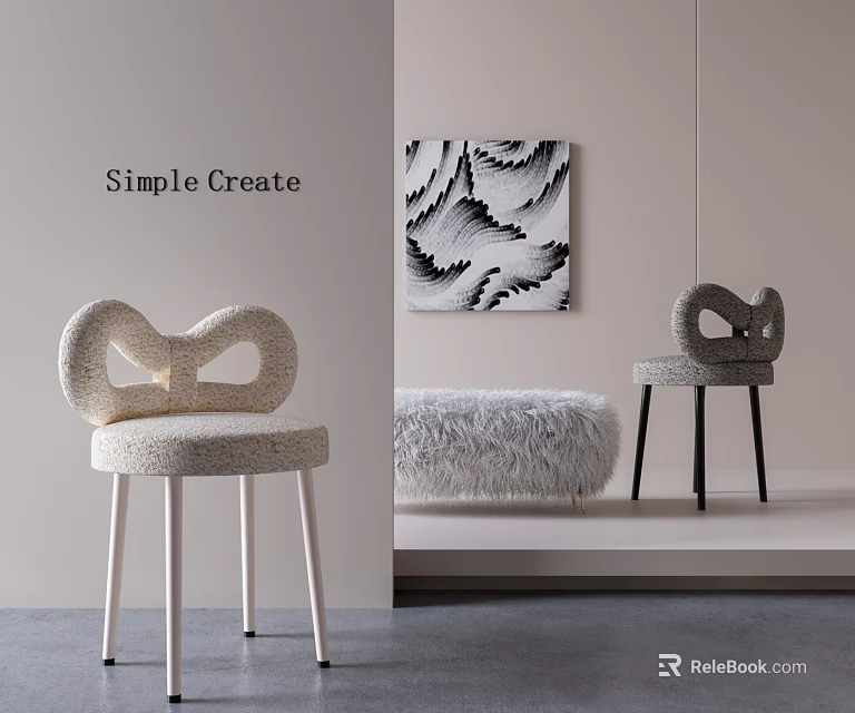 Curved Woven Leisure Chair With Light Dark Colors Abstract Painting Fluffy Ottoman 3d model 