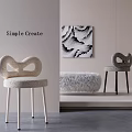 Curved Woven Leisure Chair With Light Dark Colors Abstract Painting Fluffy Ottoman