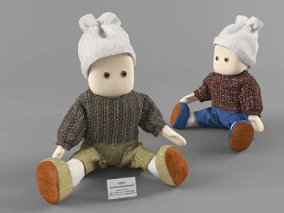 Cute Knitted Dolls with White Hats Different Colored Sweaters and Pants 3d model