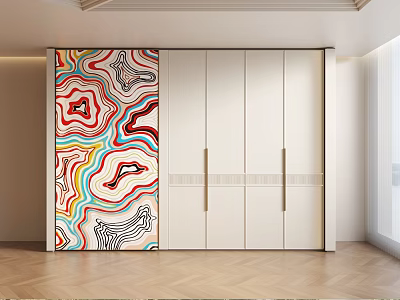 Modern White Wardrobe With Gold Handles Against Colorful Abstract Pattern Wall Interior Design 3d model