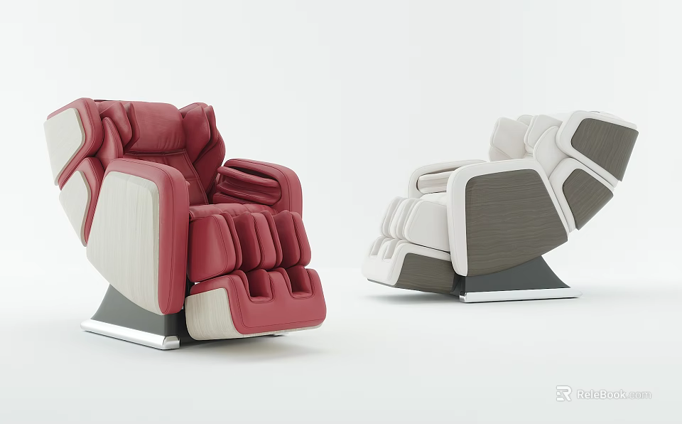 Two Modern Red and Beige Massage Chairs with Ergonomic Design and Plush Upholstery 3d model 