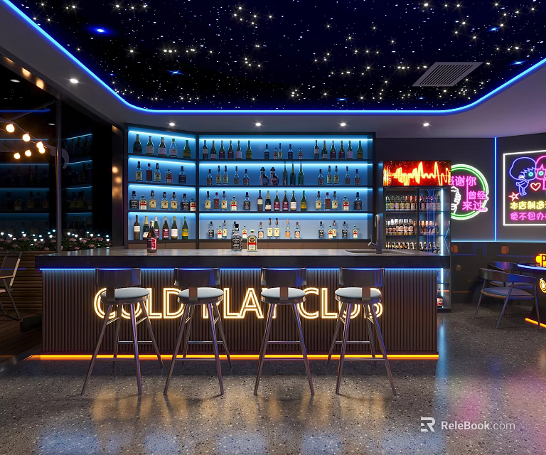 Modern Bar Interior With Starry Ceiling Illuminated Wine Shelves And Stools 3d model 