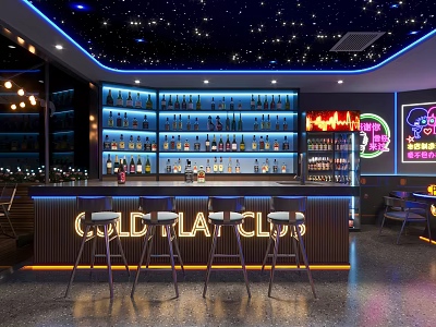 Modern Bar Interior With Starry Ceiling Illuminated Wine Shelves And Stools 3d model