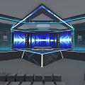 Futuristic Modern Ballroom With Blue Lighting Reflective Floor And Curved Structures