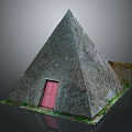 Ancient Pyramid Structure With Stone Bricks Red Door And Green Grass Exterior