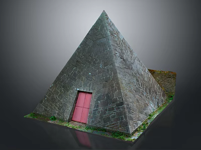 Ancient Pyramid Structure With Stone Bricks Red Door And Green Grass Exterior 3d model
