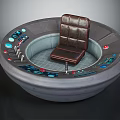 Round Control Console With Brown Leather Chair And Colorful Buttons