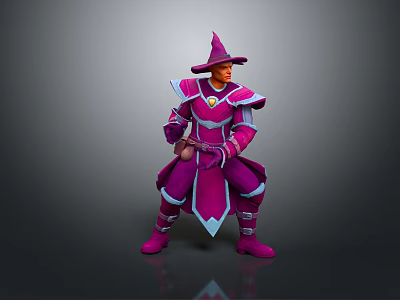 Fantasy Wizard Game Character In Purple Outfit With Pointed Hat And Ornamental Armor 3d model