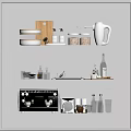Modern Kitchen Storage Shelves with Illuminated Design Coffee Machine Kettle Jars Bottles and Glasses