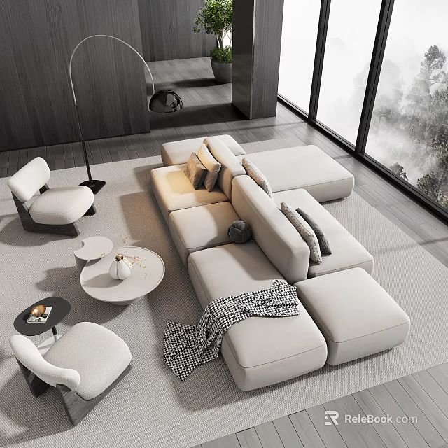 Beige Sofa Coffee Table Set with Cushions Round White Table Modern Bright Living Room 3d model 