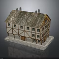 Traditional Timber Framed House With Sloped Tiled Roof Chimneys Multiple Windows And Stone Base