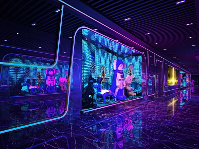 Modern Bar Interior With Neon Lights Mirror Walls Bar Counter And Purple Blue Lighting 3d model