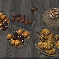 Assorted Foods Display With Oranges Chocolate Pieces Artisan Bread And Persimmons On Dark Wooden Table