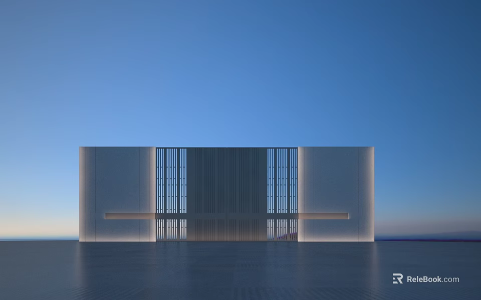 Modern White Feature Wall With Vertical Slats Symmetrical Design And Bottom Lighting Against Blue Sky 3d model 