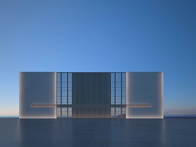 Modern White Feature Wall With Vertical Slats Symmetrical Design And Bottom Lighting Against Blue Sky 3d model