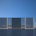Modern White Feature Wall With Vertical Slats Symmetrical Design And Bottom Lighting Against Blue Sky