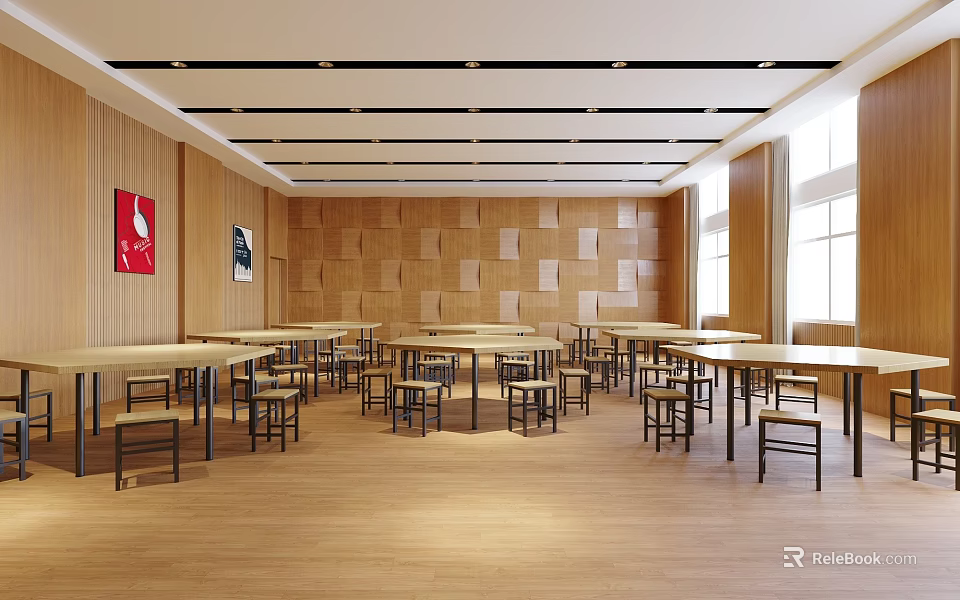 School Spacious Classroom With Wooden Walls Large Windows And Neatly Arranged Tables Chairs 3d model 