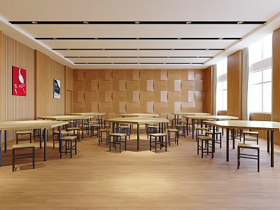 School Spacious Classroom With Wooden Walls Large Windows And Neatly Arranged Tables Chairs 3d model