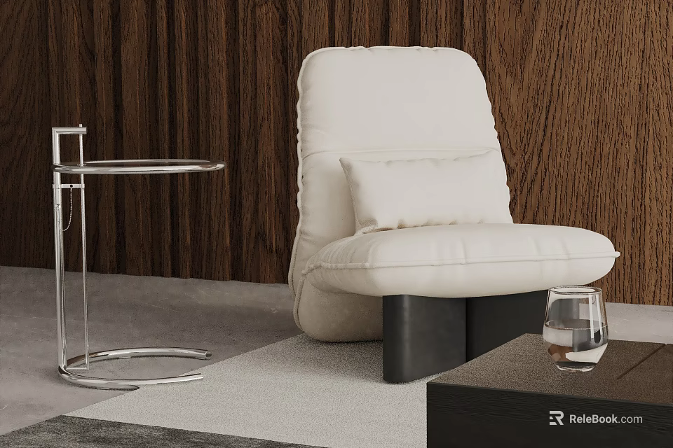 Modern White Upholstered Leisure Chair With Black Base And Metal Side Table Against Wooden Wall 3d model 