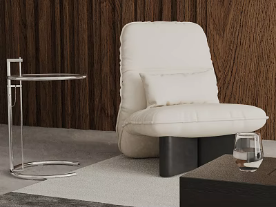 Modern White Upholstered Leisure Chair With Black Base And Metal Side Table Against Wooden Wall 3d model