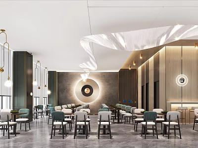 Modern Restaurant Interior With Pendant Lights Tables Chairs And Elegant Wall Decor Design 3d model