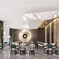 Modern Restaurant Interior With Pendant Lights Tables Chairs And Elegant Wall Decor Design