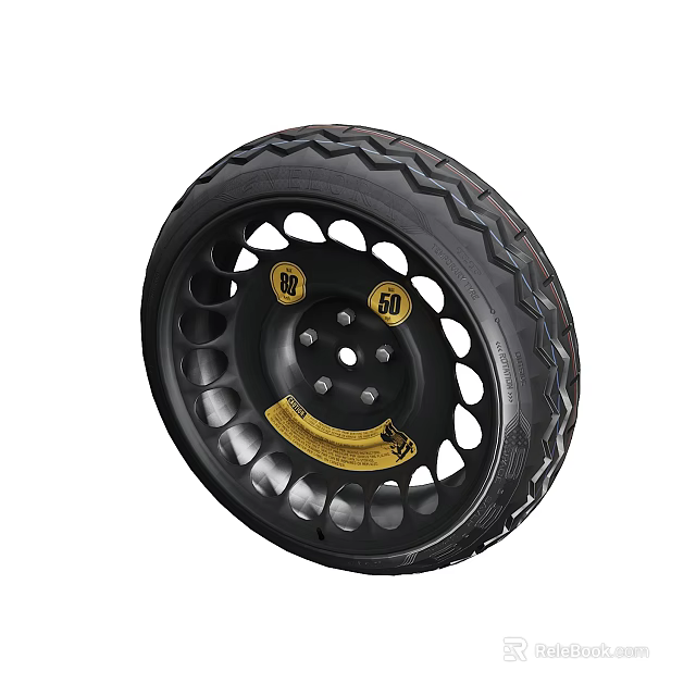 Black Tire With Tread Pattern And Black Wheel Rim With Multiple Holes And Yellow Logos 3d model 