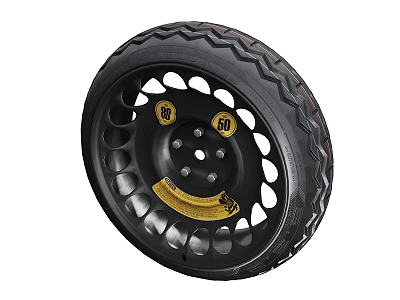 Black Tire With Tread Pattern And Black Wheel Rim With Multiple Holes And Yellow Logos 3d model