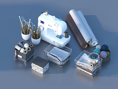 Organized Sewing Essentials with Storage Baskets Sewing Machine Thread Spools and Fabric Rolls 3d model