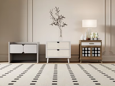Three Modern Bedside Tables Interior With Vase Table Lamp And Decorative Items 3d model