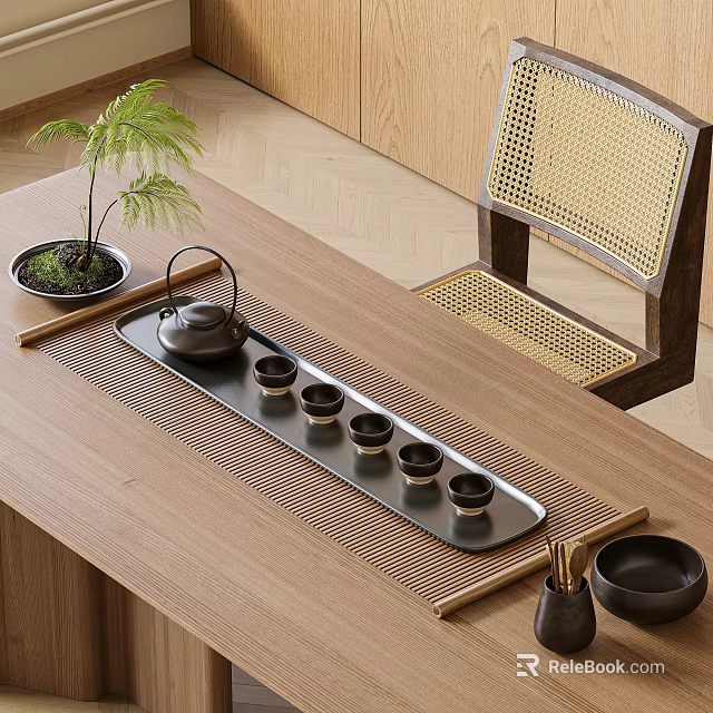 Natural Wooden Table Tea Set With Black Teapot Small Cups Rattan Chair And Potted Plant 3d model 
