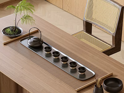 Natural Wooden Table Tea Set With Black Teapot Small Cups Rattan Chair And Potted Plant 3d model