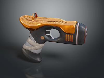 Futuristic Pistol Weapon With Golden Top Black Body Gray Grip Wrap And Textured Design 3d model