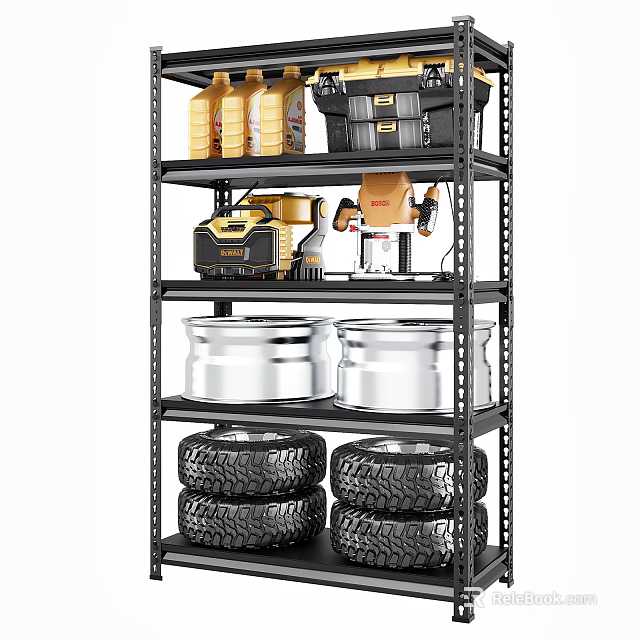 Organized Metal Garage Storage Shelf with Stacked Tires Tools and Plastic Buckets 3d model 