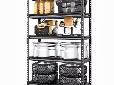 Organized Metal Garage Storage Shelf with Stacked Tires Tools and Plastic Buckets 3d model