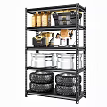 Organized Metal Garage Storage Shelf with Stacked Tires Tools and Plastic Buckets