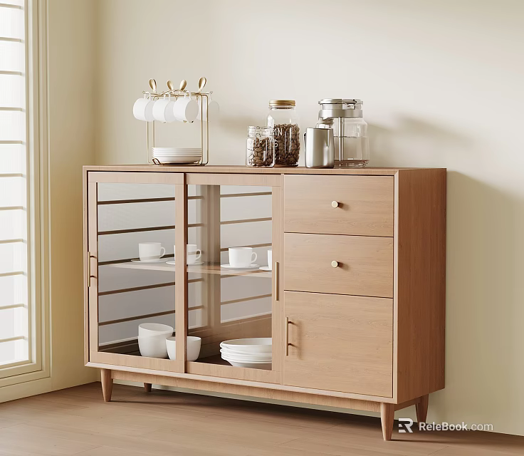 Wooden Sideboard With Glass Doors And Tableware Storage In Modern Dining Room 3d model 
