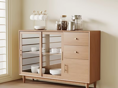 Wooden Sideboard With Glass Doors And Tableware Storage In Modern Dining Room 3d model