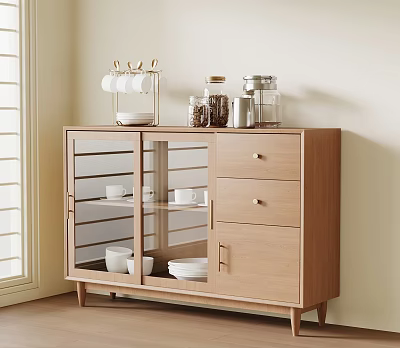 Wooden Sideboard With Glass Doors And Tableware Storage In Modern Dining Room 3d model